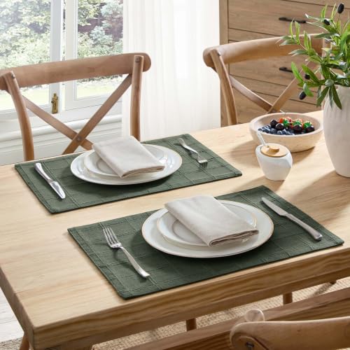 ZeeMart Linen Checked Farmhouse Placemats Set of 4, Army Green 13x19in - color: Army Green, size: Set of 4