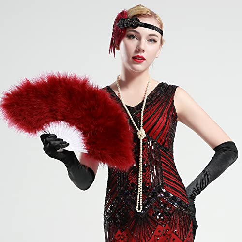 BABEYOND 1920s Marabou Feather Folding Hand Fan - color: Wine Red
