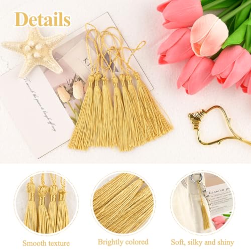 NACHLYNN 120 Pcs Bookmark Tassels Bulk 13cm/5 Inch Light Gold Silky Handmade Soft Craft Mini Tassels for Jewelry Keychain Making with Loops for Dress Decoration DIY Craft Accessory - color: Light Gold