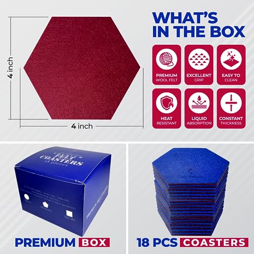 A&A Wonders Premium Felt Coasters for Drink, Two-Tone Reversible, Absorbent Felt Protects Furniture, Table, Anti Slip, Suitable for Drinks & All Table Types (Wine Red/Royal Blue, Hexagon 18 Pack) - color: Wine Red/Royal Blue, size: Hexagon 18 Pack