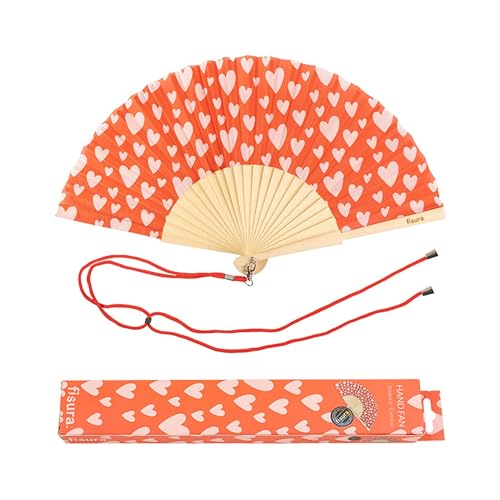 Fisura – Original red Folding Fan with Hearts Design, Wooden Handheld Fan for Women, Includes Hanger, Ideal for Wedding, Party, Travel, Gift or Romantic Decoration - color: Hearts