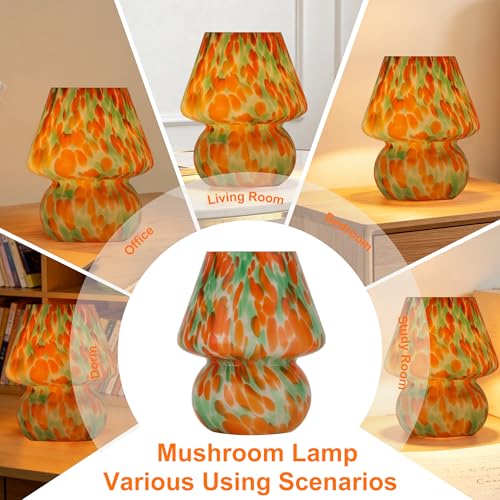 Mushroom Lamp, Green&Orange, Small Glass Bedside Lamp - color: Green&Orange