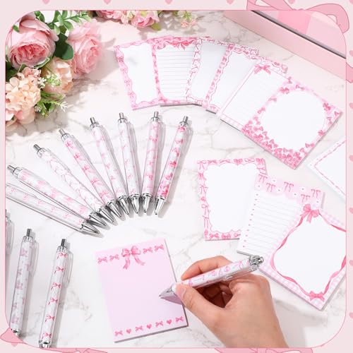 Dispowreath 24 Pcs Pink Bow Sticky Notes with Pens Coquette Gifts - style: Pink bow