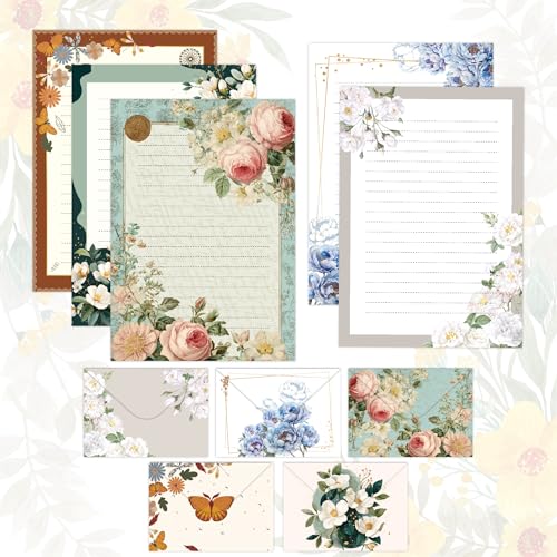 Vintage Rose Stationery Set, 5 Styles Letter Kit with 25 Envelopes, 25 Lined Paper, 2 Sheets Stickers (40pcs), Floral Stationery for Pen Pal, Invitations, 90 Pcs Total - style: Rose Set