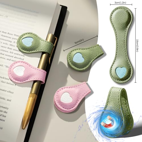 Ovesmusl 2Pcs PU Leather Heart Magnetic Bookmarks with Pen Holder - style: Heart (Pink+Green)