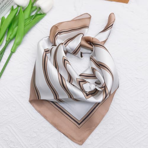 100% Mulberry Silk Neck Scarf for Women Square Neckerchief – 21 inch - color: Beige Brown