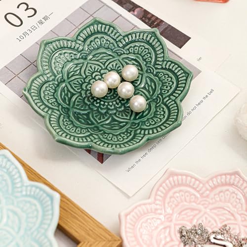 4" Datura Flower Ceramic Jewelry Dish, Ring Tray for Women(Green) - color: Deep Green