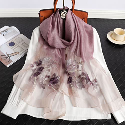 Jeelow Long Silk Blend Embroidered Floral Shawl Scarf Wrap for Women - color: Purple Bloom