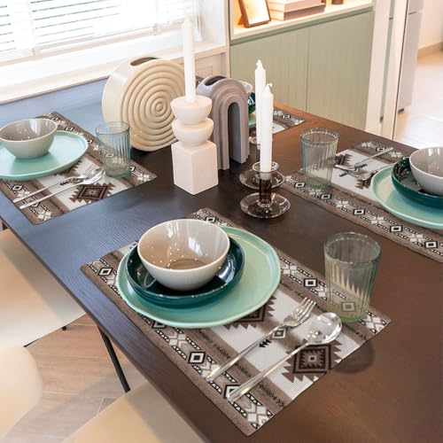 Brown Aztec Placemats Set of 4, Linen Washable Table Mats 12 x 18 Inch, Southwestern Diamond Place Mats for Dining Table Kitchen Rustic Boho Western Decor - color: Brown Aztec, size: 12x18"Placemats x4