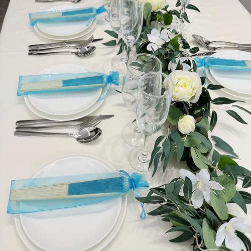 24pcs Imitated Silk Hand Fan Imitated Silk Fabric Bamboo Handheld Folded Fan Bridal Dancing Props Church Wedding Party Favors with Organza Bags (Aqua Blue) - color: Aqua Blue
