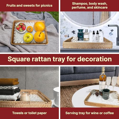 Rattan Rectangle Tray with Mother of Pearl Inlay, Unique Decorative and Serving Tray for Outdoor,Bathroom, Kitchen, Vanity, Perfume, or Coffee Table (Combo White 13"&11.8") - color: Combo White