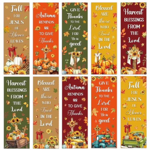 Fall Christian Bookmarks for Book Lovers - Cosmisun 100 Pcs Autumn Religious Bookmark Paper Pumpkin Cross Bible Verse Page Book Markers Gifts for Women Men Office Church Reading Party Rewards Supplies - color: Fall