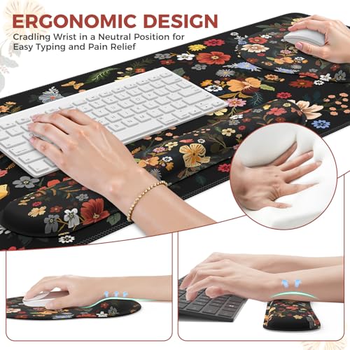 iCasso Desk Cover Mat, 4in1 Floral Large Mouse Pad with Wrist Rest - color: Flowers