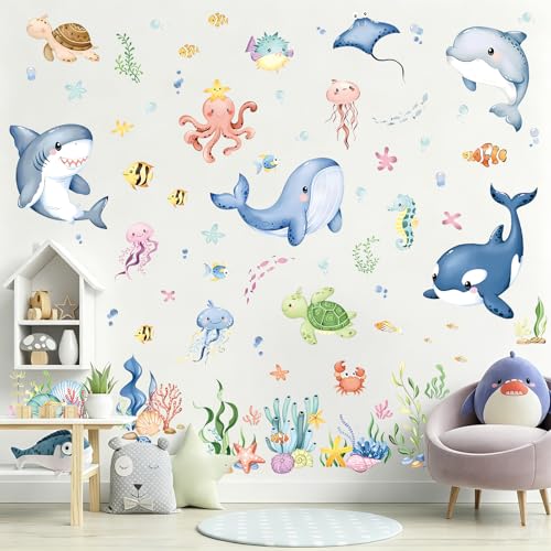 Ocean Animals Wall Decals - 9 Sheets 67Pcs Under the Sea Wall Stickers Sea Creature Peel and Stick Wallpaper Ocean Themed Fish Wall Decals for Kids Bedroom Living Room Bathroom Decoration - color: Ocean Animals