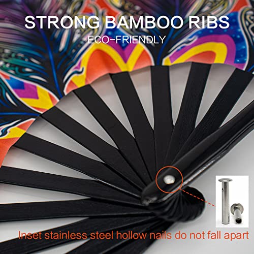 13" Large Rave Fan Bamboo, Folding Clack Hand Fans Foldable for Men Women, Poping Fan for EDM Festival Line Dance Decoration, (Peacock, Large 13") - color: Peacock, size: Large 13"