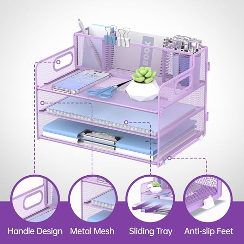 3-Tier Desk Organizer with Pen Holder and Handles, Paper Organizer, Purple - color: Purple