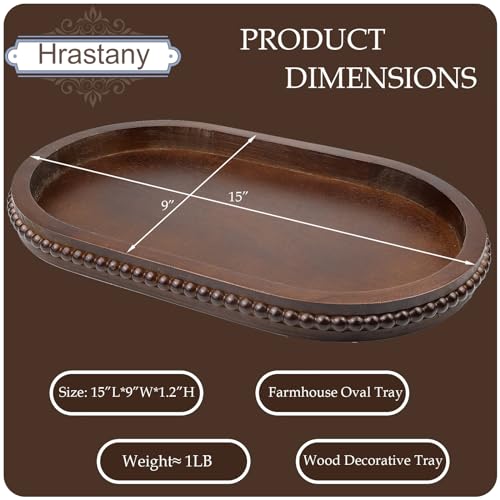 Hrastany Oval Wood Decorative Tray for Coffee Table, Retro Brown - color: Oval Dbrown, size: 15" x 9" x 1.2"