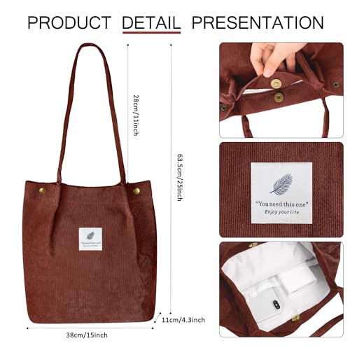Ayieyill Corduroy Tote Bag for Women Canvas Shoulder Cord Purse with Inner Pocket - color: Brown