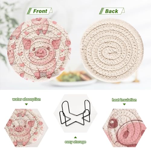 Cute Pig Drink Coasters Set - 6 Pcs Minimalist Woven Coasters with Holder for Home Decor, 3.94 Inch Absorbent Coasters for Drinks - color: C185