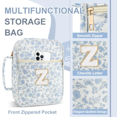 Personalized Initial Bible Cover Case for Women Girls Kid - Large Quilted Bible Case with Handle,Chenille Letter Bag Study Supplies,Christmas Gifts for Christians Birthday Graduation(Blue Flower-Z) - color: Blue Flower, size: letter-Z