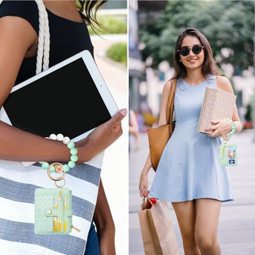 COOLANS Silicone Bracelet Wristlet Wallet Credit Card Holder RFID ID Window Key Ring Tassel Slim Wallet Women Keychain Purse - color: Light Green