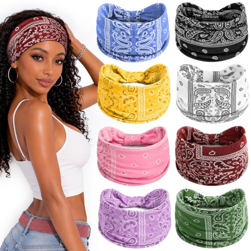 Awumbuk Wide Headbands for Women Knotted Non Slip, Soft Moisture Wicking Head Bands for Workout Sports Yoga 8 Pack - color: Paisley blue