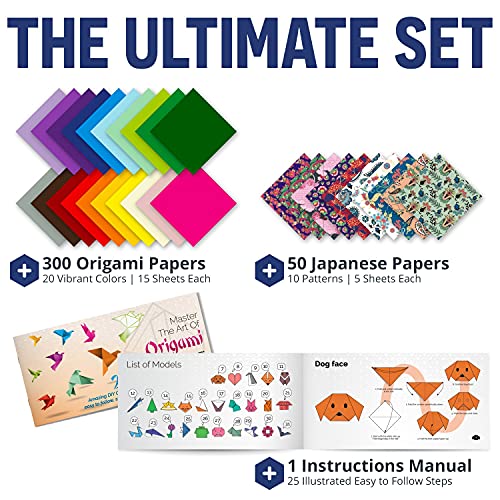 Origami Paper | 350 Origami Paper Kit | Set Includes - 300 Sheets 20 Colors 6x6 | 50 Traditional Japanese Patterns | Origami Book 25 Easy Colored Projects | Kids Crafts | Christmas Gifts for boys 8-12 - size: 350 Sheets