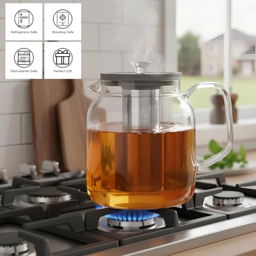 Aquach 68oz Glass Teapot Stovetop Safe with Loose Leaf Tea Steeper - size: 68oz｜2000ml