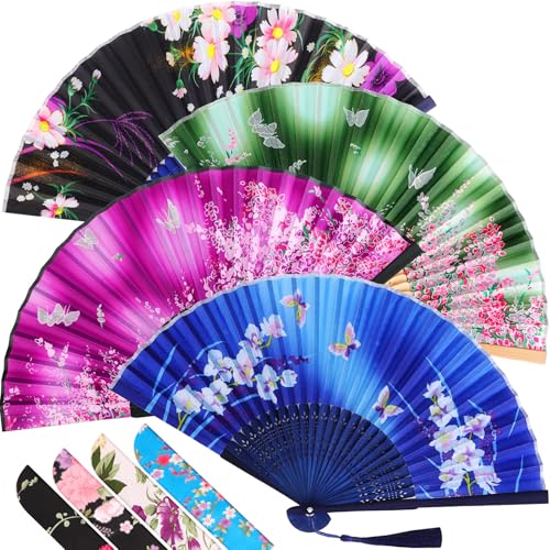 Zonon 4 Pack Hand Held Folding Fans for Women Silk,Vintage Butterfly - style: Vintage Butterfly