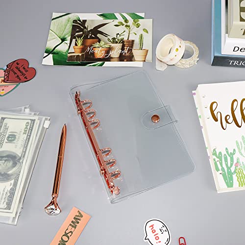 Personal A6 Transparent PVC Binder Cover Clear Soft PVC Notebook Shell 6 Rose Gold Ring Protector with Snap Button Closure Loose Leaf Folders (Personal A6, Clear Cover + Rose Gold Binder) - color: Clear Cover + Rose Gold Binder, size: Personal A6