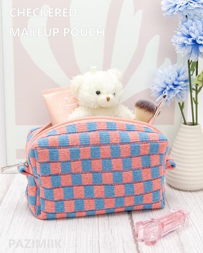 Checkered Makeup Bag for Purse, Small Travel Cosmetic Pouch,Red Blue - color: Red Blue