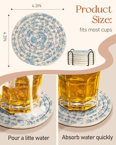 Absorbent Cup Coasters Set of 6 with Holder, Blue Floral - color: Blue Floral