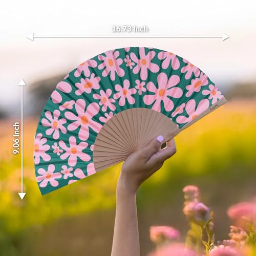 Fisura - Original Folding Fan with Flowers Print. Wooden Handheld Fan for Women. Pink and Green Design for Raves, Festivals, weedings. Hanger Included. Size: 16.7 x 9 inches - color: Flowers, Green and Pink