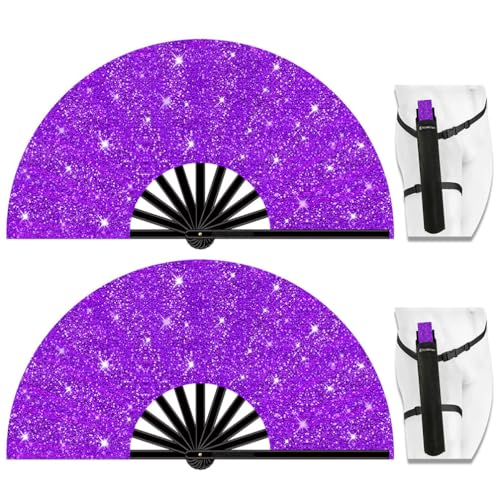 13" Large Folding Rave Fan with Holster, Clack Hand Fans Foldable for Line Dancing for Women Men Festival EDM Party Decoration, Glitter Purple 2 Pack - color: Glitter Purple