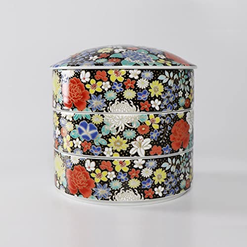Traditional Japanese Bento Box, 3-tiered, Kutani Ware SK457 (Black flower design) - color: Black flower design