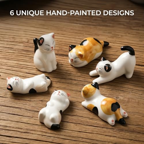 Kawaii 5 Pairs Bamboo Chopsticks & 6 Cute Lucky Cat Holders, Classic Japanese Style, Dishwasher Safe, Gift Set