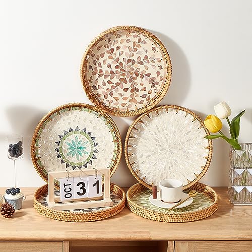 Kmelep Round Rattan Tray with Mother of Pearl Inlay, Rattan Serving Tray with Wooden Base, Decorative Wicker Basket for Table Decor, Storage and Display of Coffee Bread Food Fruit (Bohemia) - color: Bohemia, size: 11.8"