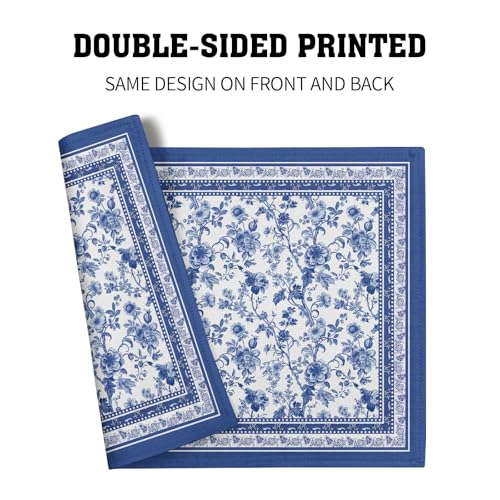 Blue Floral Branches Placemats Set of 4 ，12 x 18 Inch Chinoiserie Table Mats Washable Heat Resistant Linen Fabric Rectangle Place Mat for Indoor Outdoor Kitchen Dining Home Decor - color: Blue Floral