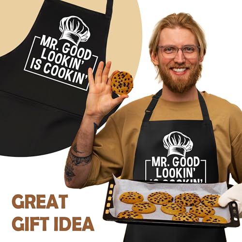 Mr. Good Lookin is Cookin Funny Aprons for Men with 2 Pockets, Cooking Apron for Dad, Gag Gifts for Men, Adjustable Grilling Apron for Husband, Chef Kitchen Gifts for Birthday & Father’s Day - A23 - color: Mr. Good Lookin is Cookin 3