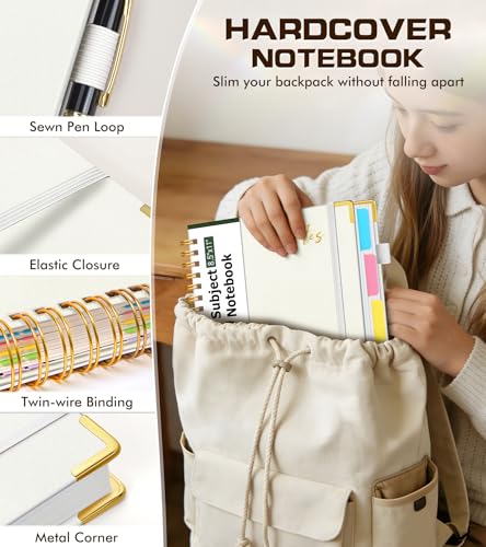 Hardcover Spiral Notebook Journal 8.5" x 11" Leather 5 Subject Notebook with Removable Dividers Tabs, 300 Pages Organizer Notebooks for Work School, College Ruled, Large Lined Journal for Women,White - color: White, size: A4