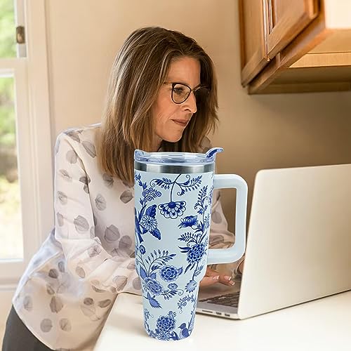Blue and White Porcelain 40 oz Tumbler with Handle Straw Lid - color: Blue and White Porcelain