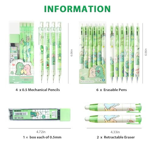 Cute Green Dinosaurs School Supplies,Kawaii Stationery Birthday Gifts,Includes Dinosaurs Erasable Gel Pens,Dinosaurs Mechanical Pencils,Lead Refills,Erasers,for Office School Supplies Women Men - style: dinosaurs