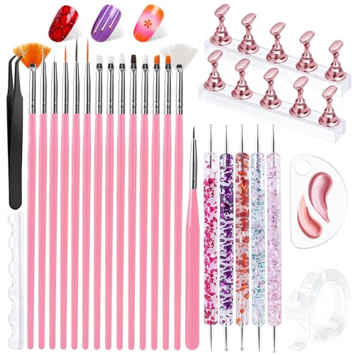 Artdone Nail Art Brushes With Nail Stands Nail Art Tool Set, Dotting Tools, Dust Brush,Striping Brushes for Long Lines, Drawing Pen For Gel Polish Design supply - color: Nail Brushes And Stand Kit A