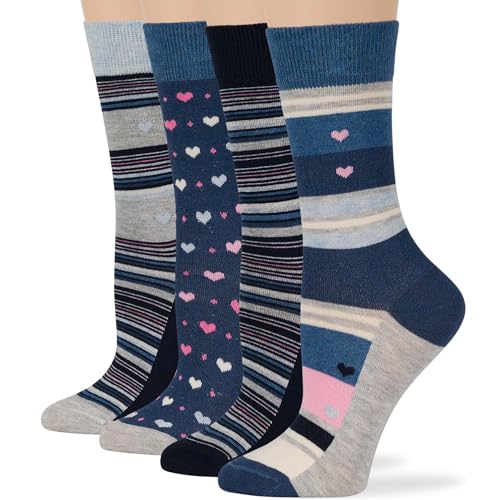 7BIGSTARS Women Cotton Crew Socks, Patterned 4 Pack, M 5-9 - L 8-12 - color: 03a - Dark Navy, Denim Blue, Light Navy, Grey, Pink (A55), size: 8-12