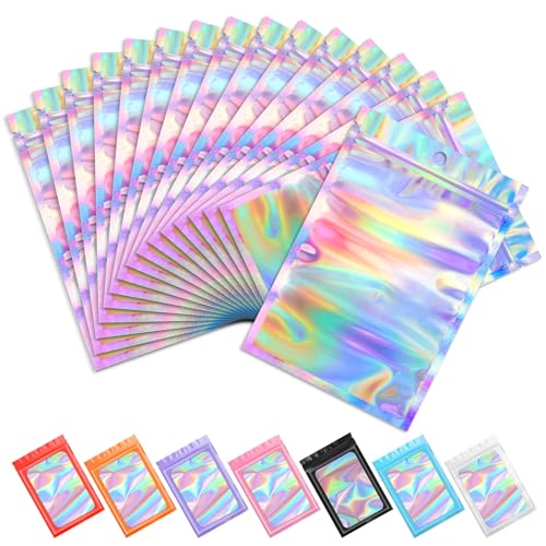 Funfery 100pcs Mylar Holographic Bags-Resealable Zipper&Clear Window - color: Holographic, size: 3 x 4.7 Inch