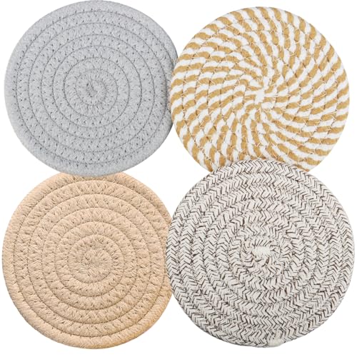 4.8 Inch Woven Drink Coasters Set of 4, Thick Absorbent Coasters, Boho Cotton Neutral Fabric Coaster for Desk Table Office Decor Posavasos for Coffee Cups with Gift Box (Multicolored, 4Pack) - - color: Multicolored