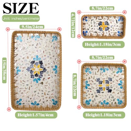 Rectangle Rattan Serving Tray with Mother of Pearl Inlay, Handmade Wicker Coffee Table Basket for Fruit Bread Food Tea Party Picnic Table Kitchen Home Boho Decor 3 Sizes (Turkish Blue) - color: Turkish Blue