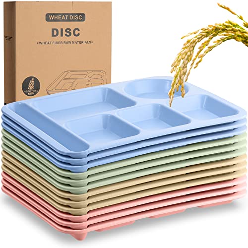 Pinkunn 12 Pcs 14'' Large Divided Plates Unbreakable Wheat Straw Lunch Trays 6 Compartments Cafeteria Trays Microwave Dishwasher Safe Food Separator Plates (Beige, Blue, Green, Pink) - color: Beige, Blue, Green, Pink