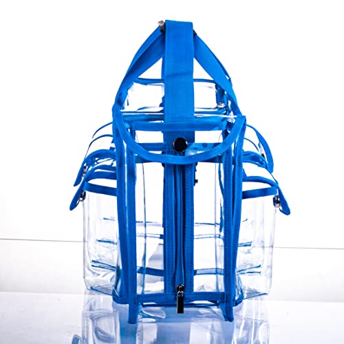 Wide Opening Large Professional Clear PVC Travel Makeup Artist Set Cosmetic Nails Beauty Transparent Vinyl Tool Organizer Work Beach Diaper Bag With 6 External Pockets & Strap (Blue) - color: Blue