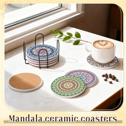 Patelai 8 Pcs Blue Ceramic Coasters Set with Holder, Mandala Style - style: Mandala Style